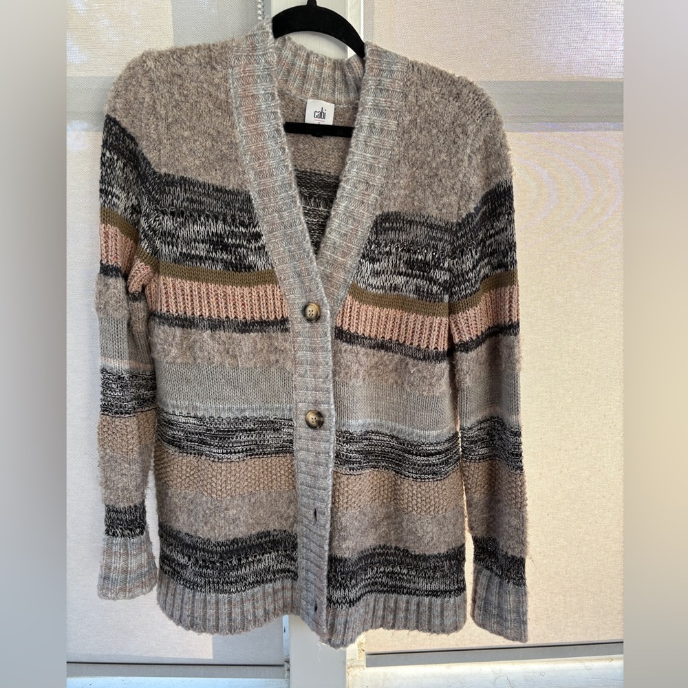 CAbi Women's Striped Cardigan Sweater - Gray, Black, and Tan